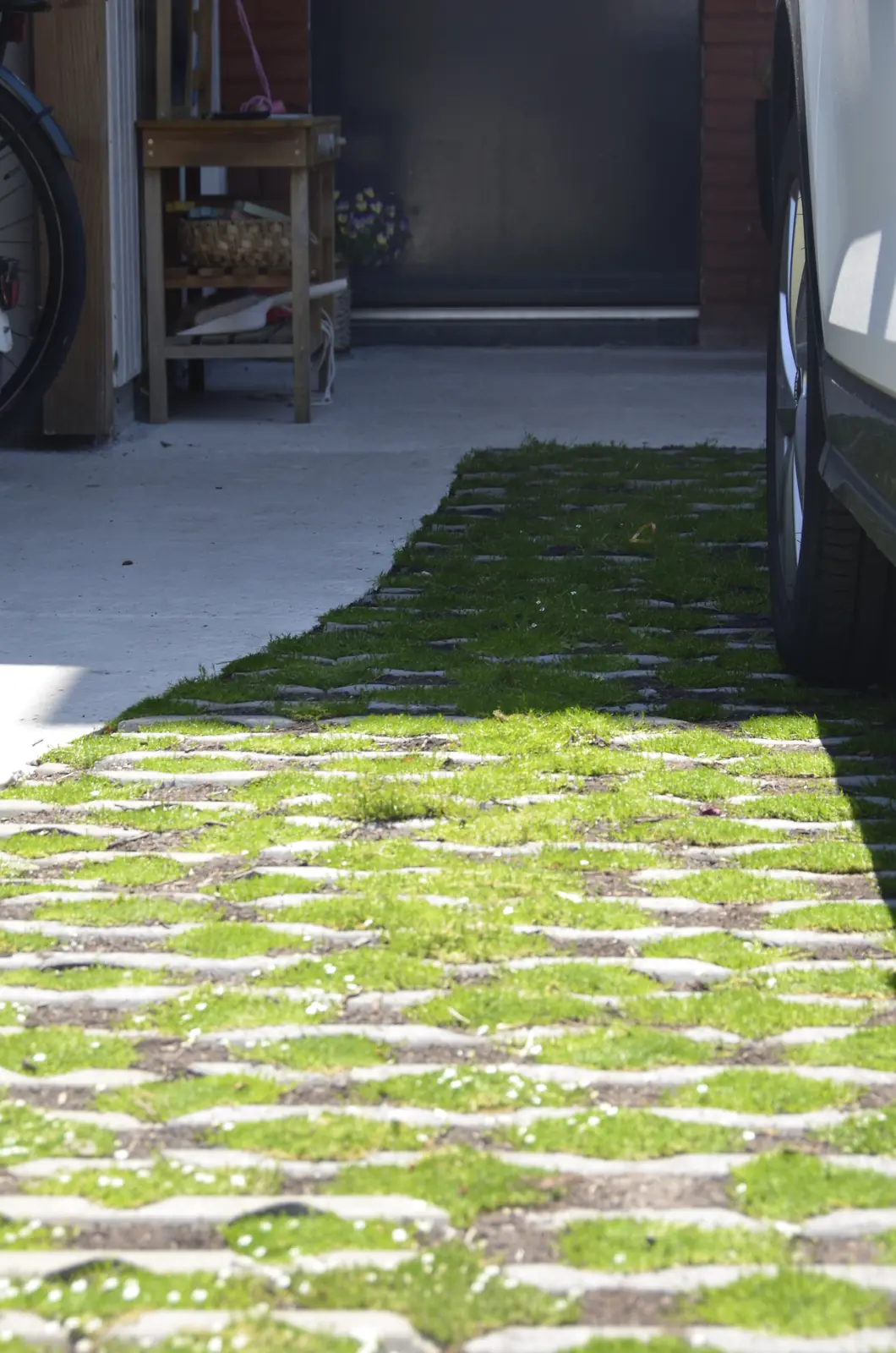 Parkeervak van grasbetontegels voor de berging, het gras dichtgegroeid