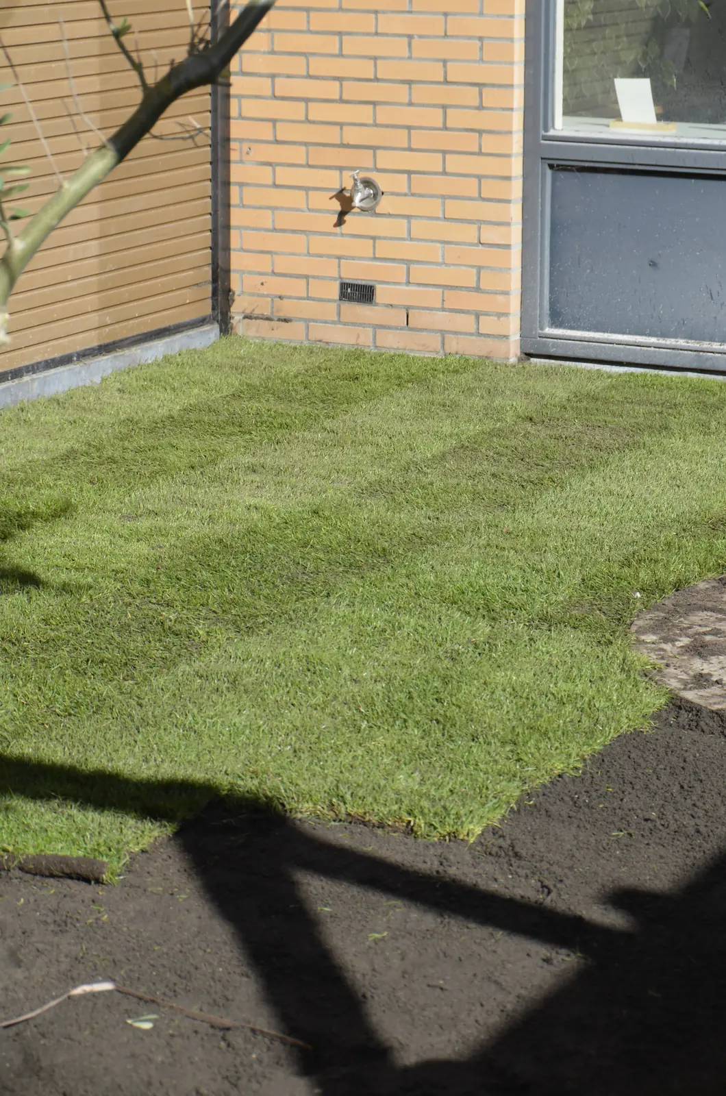 Graszoden tot aan de gevel, naast het terras