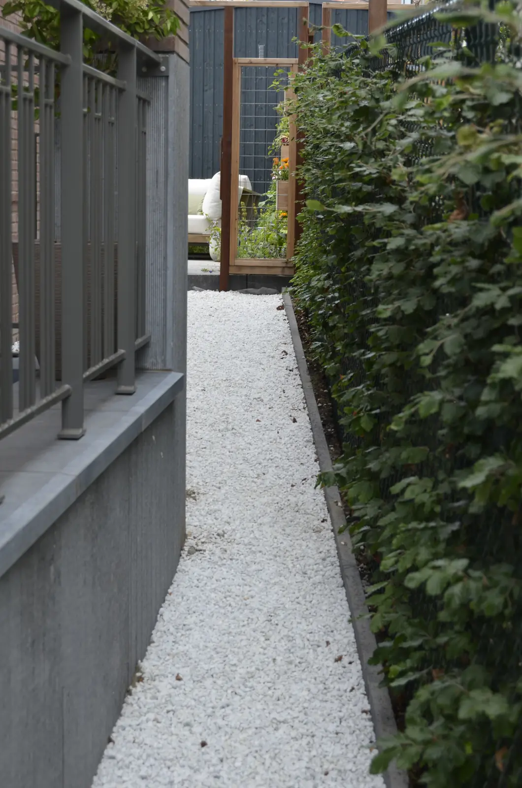 Smal grindpad tussen de gevel en de haag naar de achtertuin