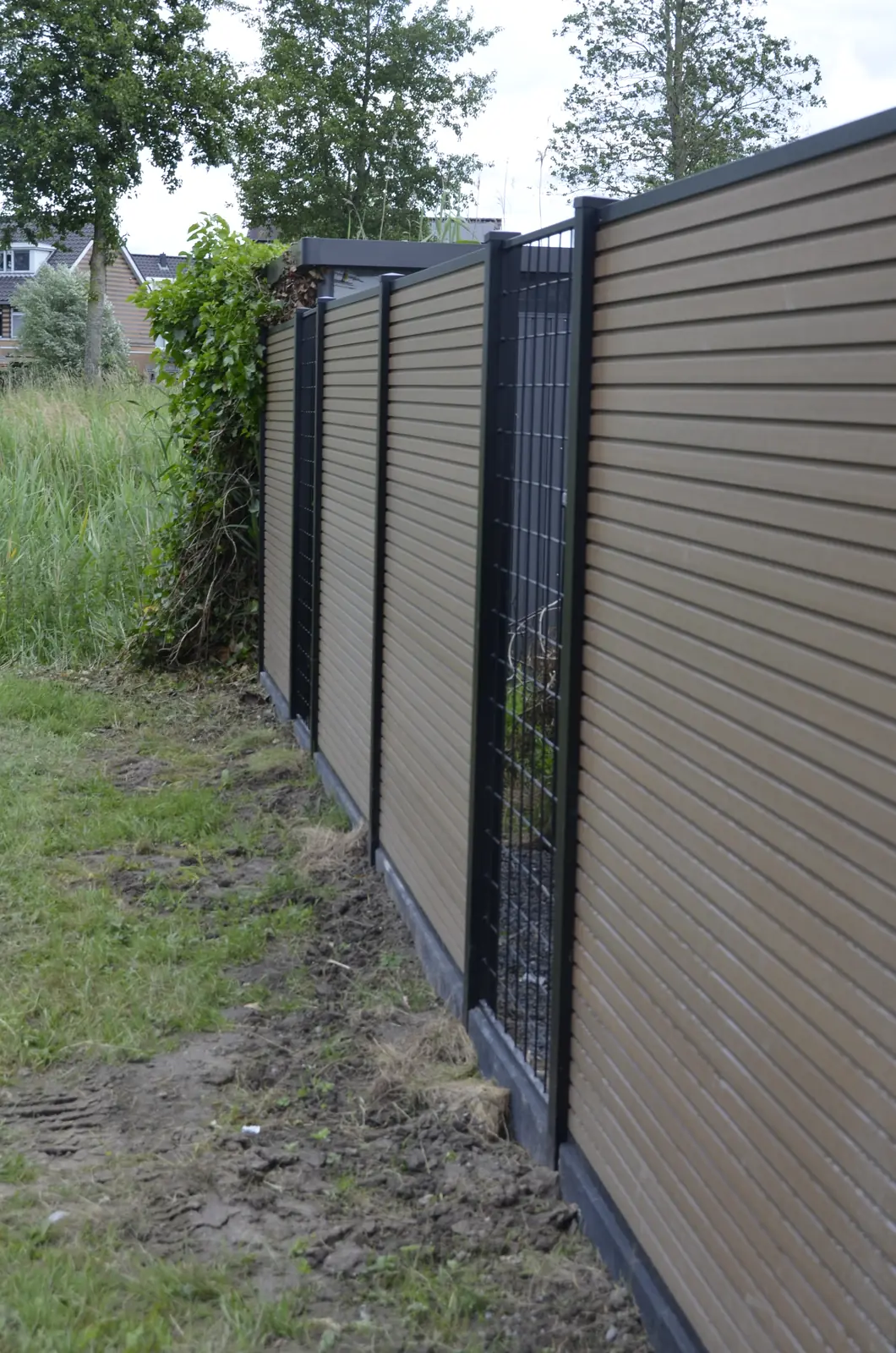 De tuin met gazon, siergrassen en de nieuwe schutting erachter