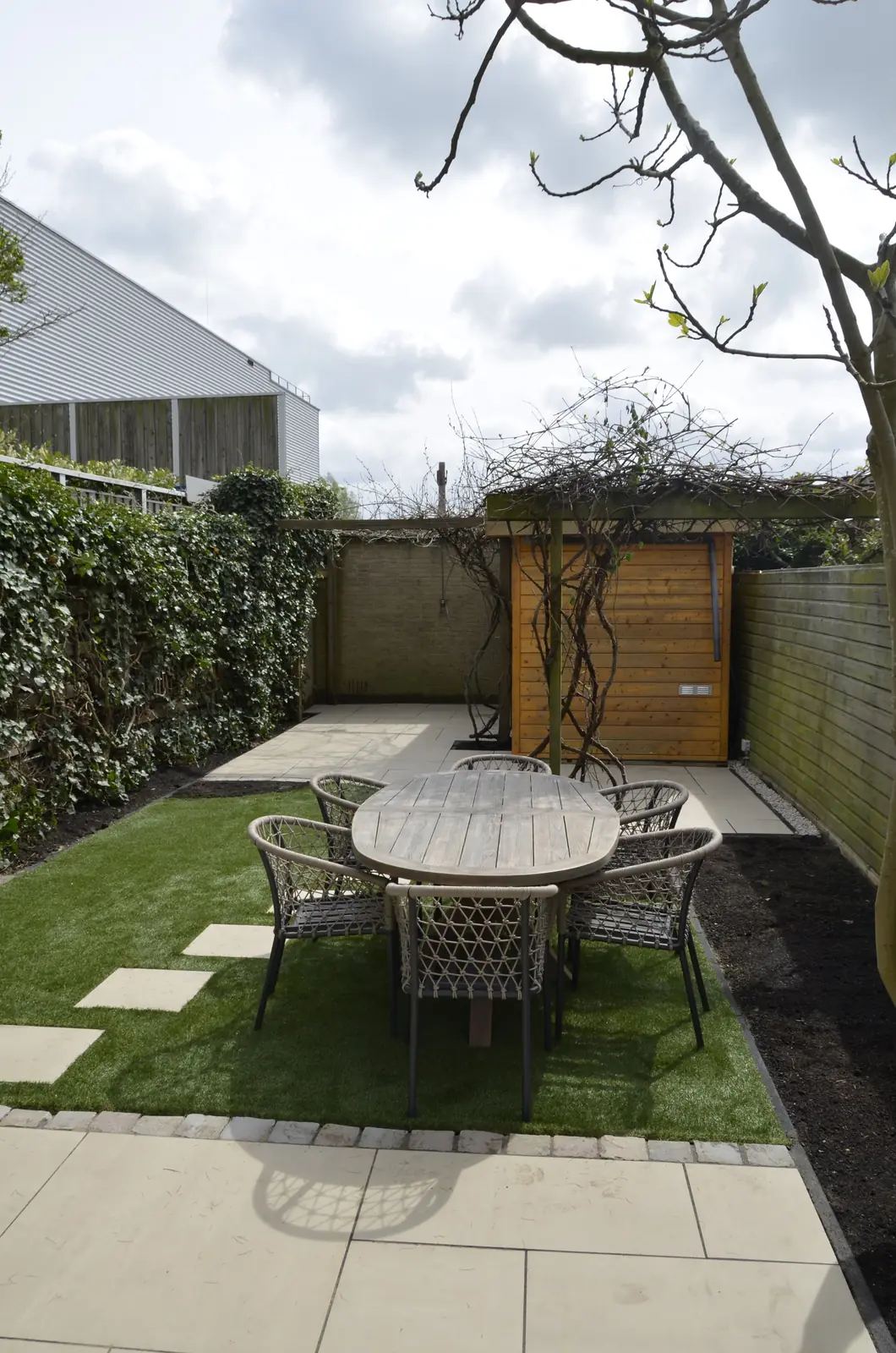 Eettafel op het terras met de meerstammige boom erboven