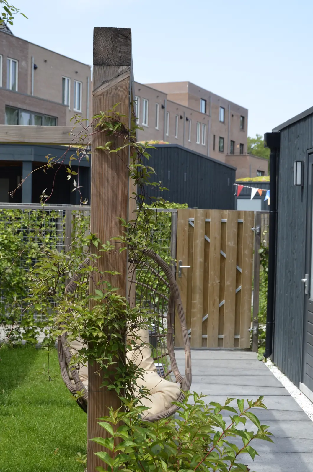 Houten staander van de pergola met klimplant